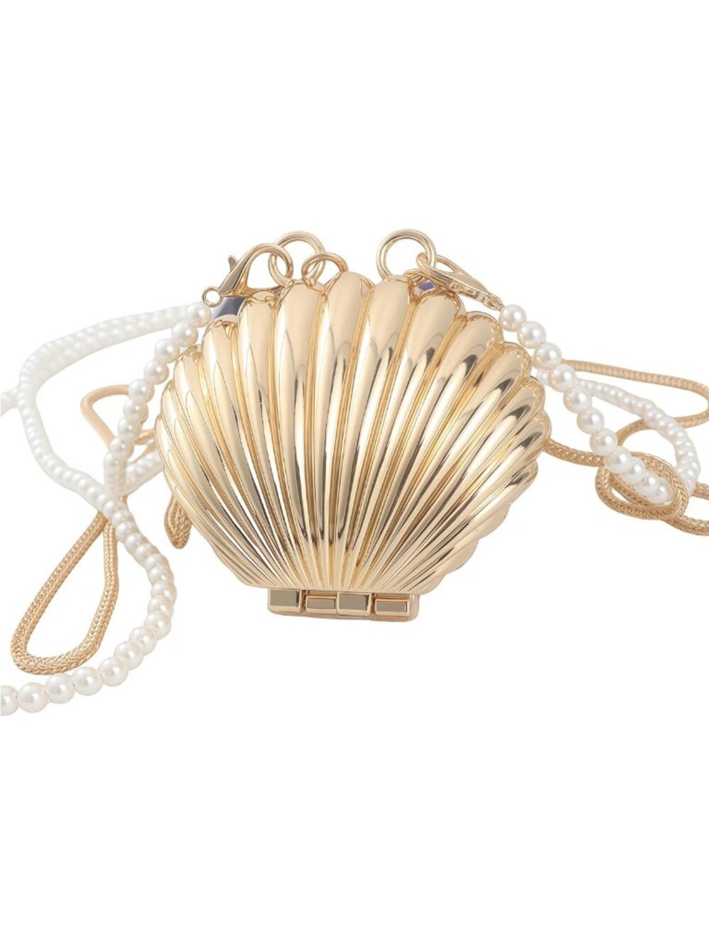 Chic Mini Gold Seashell Crossbody Bag - Elegant Evening Clutch with Pearl Chains